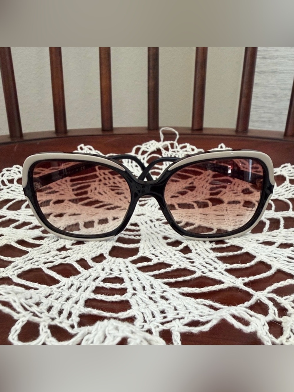CHANEL Women’s Black and Cream Oversized Sunglasses with Gradient Pink Lenses